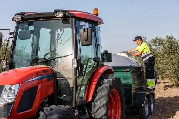 Bir çiftlik işçisi, açık mavi gökyüzünün altındaki zeytin ağaçlarının arasında kırmızı bir traktörde sulama tankına hizmet ediyor. Sahne, tarımsal uygulamaları ve etkin tarım için makinelerin kullanımını gösteriyor.