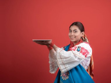 Hispanic girl of Kichwa origin with a red background and holding a plaque to place an object. clipart