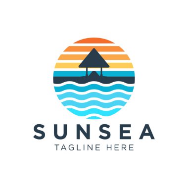 Soyut Klasik Güneş ve Deniz Dalgası logosu. Düz Vektör Logo Tasarım Şablonu Elemanı.