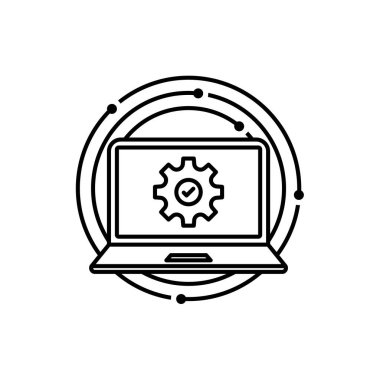 İnce çizgi dizüstü bilgisayar ve vites kutusu güncelleme gibi. lineart style trend modern logotype inme sanatı tasarımı web elementi beyaz arka planda izole edildi. Geliştirme konsepti veya hizmet rozeti devretme