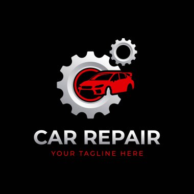Araba tamir logosu şablonu. Araba onarım vektör tasarımı. Otomobil ve dişli logosu