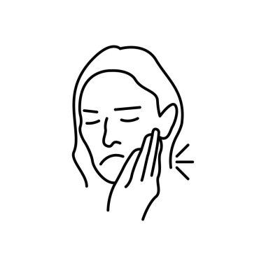 Diş ağrısı ikonu, diş ağrısı işareti. Çenesi ağrıyan bir kadın, diş hastalığı. Vektör düz resimleme