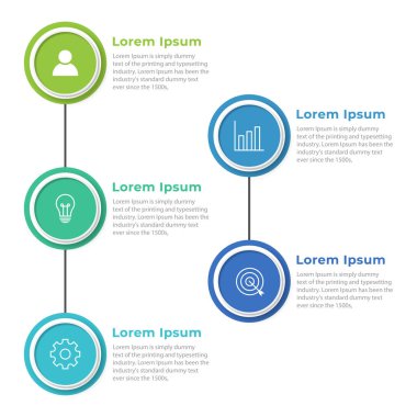 Etiketli grafik bilgi şablonunun vektör soyut ögeleri, entegre çemberler. 5 seçenekli iş konsepti.