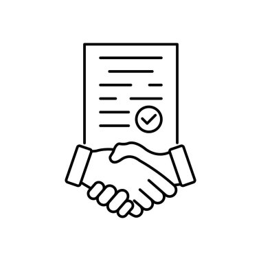 İş tokalaşma takım çalışması doğrusal konsepti. Kontrat çizgisi simgesi. Finansal anlaşma resmi. Anlaşma imzalama sembolü. Vektör beyazda izole edildi.