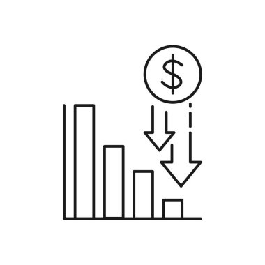 Ekonomik kriz ikonu, finansal düşüş, faiz oranı ticari düşüş, para kaybı, enflasyon veya devalüasyon, yatırım kaybı, beyaz arkaplandaki ince çizgi web sembolü