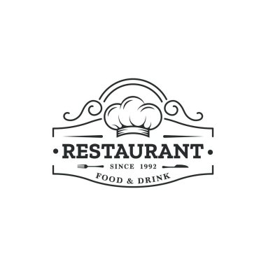 Şef şapkası, çatalı ve bıçağı olan basit bir retro logo tasarımı. Restoran logo şablonu.