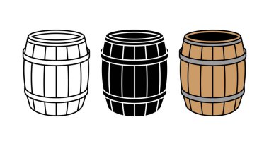 Namlu simgesi vektörü ayarlandı. Tahta fıçı ikonları beyaz arka planda ince çizgi, düz ve renk tarzında. Bira, bira, işaret ve sembol. Vektör illüstrasyonu