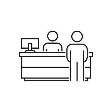 Resepsiyon masası simgesi, müşteri servisi, beyaz arkaplanda web ve cep telefonu için ince çizgi sembolü - düzenlenebilir çizgi çizimi