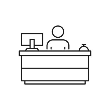 Ön Resepsiyon satırı simgesi, vektör işareti, anahat üzerinde beyaz izole doğrusal stil piktogram. Resepsiyon sembolü, logo illüstrasyon. Düzenlenebilir inme. Piksel mükemmel vektör grafikleri