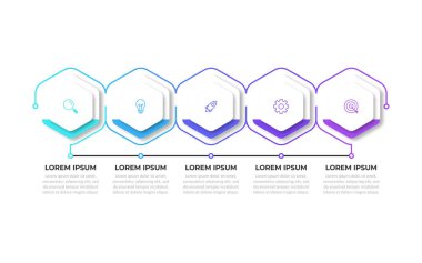 Simgeli ve 5 basamaklı vektör Infographic ince çizgi tasarımı. İş kavramı için bilgi grafikleri. Sunumlar için kullanılabilir pankart, iş akışı düzeni, işlem diyagramı, akış şeması, bilgi grafiği