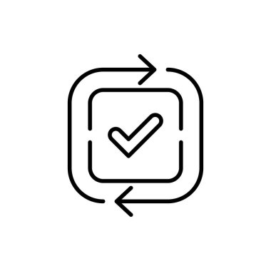 Kolay ödeme ya da güncelleme gibi kullanışlı simgeler. Değiştirme veya takas sembolü ve kalite kontrolü kavramı. doğrusal eğilim modern logotype grafik vuruş sanatının tasarımını eşzamanla beyaz üzerinde izole edilmiş web elementi