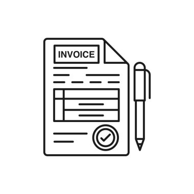 Fatura düz çizgi simgesi. Makbuz, üzerinde kalem işareti olan kağıt. Hukuki finans hizmetleri ve muhasebecilik için ince doğrusal logo.