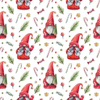 Noel, yeni yıl brovnileri Noel ağaçları ve şeker kamışları pürüzsüz desenli. Sihirli cüceler Noel Baba, sevimli karakterler Noel arkaplanı. El çizimi illüstrasyon.