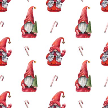 Çizgi film, beyaz arka planda sevimli İskandinav cüceleri olan bir Noel deseni. Noel Baba cüce ve şeker kamışları pürüzsüz desenli.