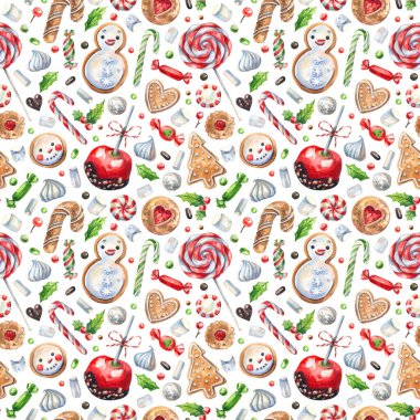Geleneksel Noel, yeni yıl tatlıları beyaz arka planda kusursuz suluboya desenleri. Karamelli elma, şeker, zencefilli ekmek, lolipop, kurabiye şenlikli arka plan.
