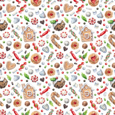 Zencefilli kurabiye, baston şekerler, karamel, marshmelo ve diğer geleneksel Noel tatlısı beyaz arka planda kusursuz yeni yıl şekerlemeleri. Suluboya çizimi.