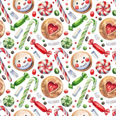 Noel, yeni yıl tatlıları, kurabiyeler ve şekerler beyaz arka planda dikişsiz suluboya desenler. Çubuk şeker, şeker, zencefilli çörek, şekerleme. Suluboya çizimleri.