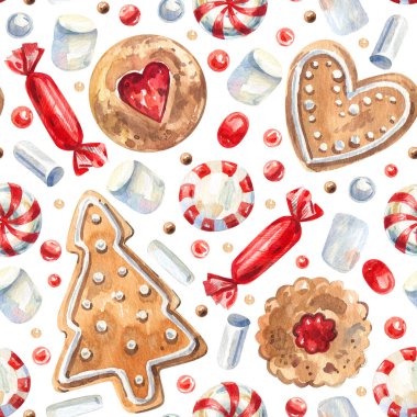 Yeni yıl, noel tatlıları şeker kamışları, zencefilli kurabiyeler ve lokumlu şekerlemeler. Geleneksel Noel tatlıları ile suluboya arka plan.