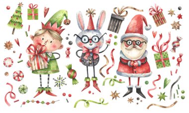 Suluboya Noel koleksiyonu, Yeni Yıl çizimleri. Noel Baba, tavşan, elf, hediye kutuları, şekerler, karikatür şeklinde çelenkler. El çizimi suluboya çizimi.