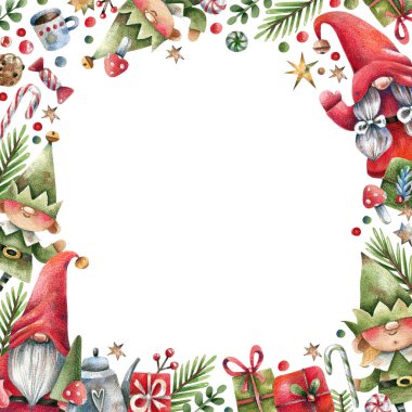 Noel, yeni yıl karesi sevimli geleneksel karakterler, hediyeler, çizgi film tarzında şekerler. Brownie 'ler, elfler, sineklik, Noel Baba suluboya resimleme. Noel kartı..