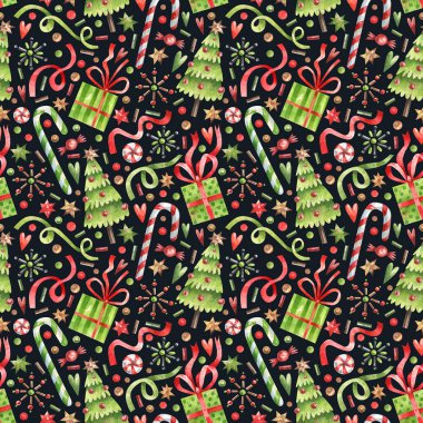 Yeni yıl, karanlık arka planda geleneksel tatil unsurları olan Noel desenleri. Noel ağacı, hediyeler, şekerler, lolipoplar, konfetiler çizgi film tarzında kusursuz desenler..