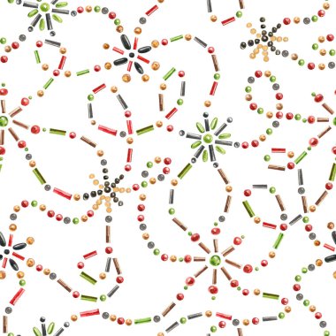 Beyaz arka planda boncuklu ve cam boncuklu parlak, klasik bir arka plan. Boncuklu süslemeli kusursuz desen. Tekstil, kumaş ve ambalaj kağıtları için testura.