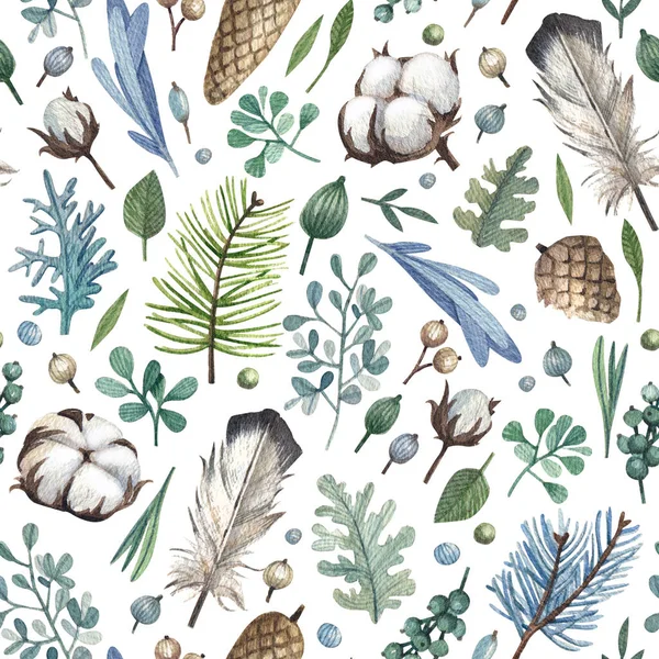 Winterpflanzen Federn Handgezeichnete Aquarell Nahtlose Muster Auf Weißem Hintergrund Natürliches — Stockfoto