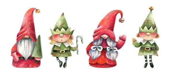 Zestaw Cute Christmas Znaków Gnomy Elfy Rysowane Stylu Kreskówki Boże — Zdjęcie stockowe