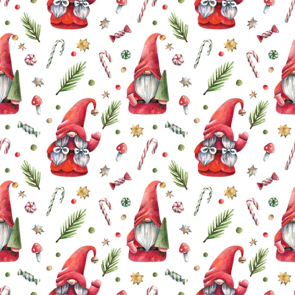 クリスマス クリスマスツリーとキャンディキャンデーのシームレスなパターンを持つ新年のブラウニー 魔法のノームサンタ かわいいキャラクタークリスマスの背景 手描きイラスト — ストック写真