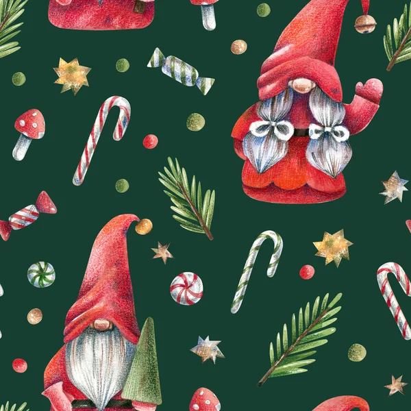 クリスマスのノーム お菓子 モミの枝漫画のスタイルでシームレスなパターン 北欧の伝統的なキャラクター ノーム エルフクリスマス 新年の背景 — ストック写真