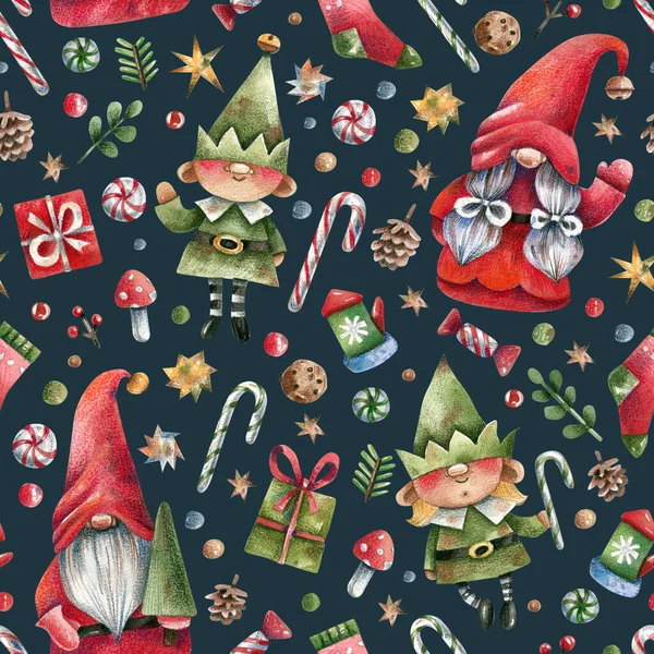 Helder Kerst Patroon Met Schattige Personages Geschenken Snoep Cartoon Stijl — Stockfoto