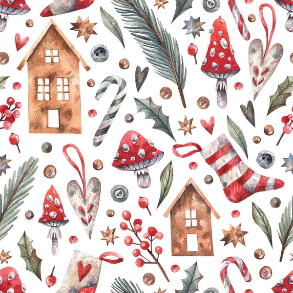 クリスマス かわいい家 モミの枝 冬の果実 ハエの農業とヴィンテージスタイルのキャンディーの杖を持つ新年のパターン 北欧風のシームレスな背景とお祝いの冬の要素 — ストック写真