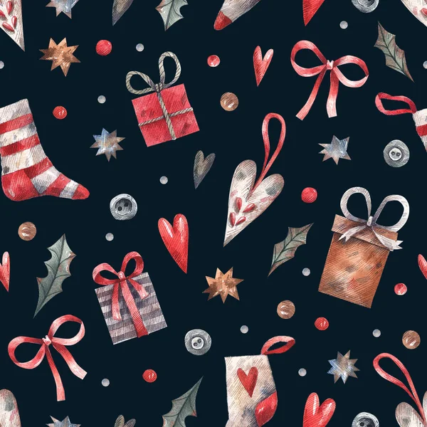 New Year, Christmas background with socks, gift boxes, stars, ribbons and hearts. Watercolor seamless pattern with New Year elements on a dark background.