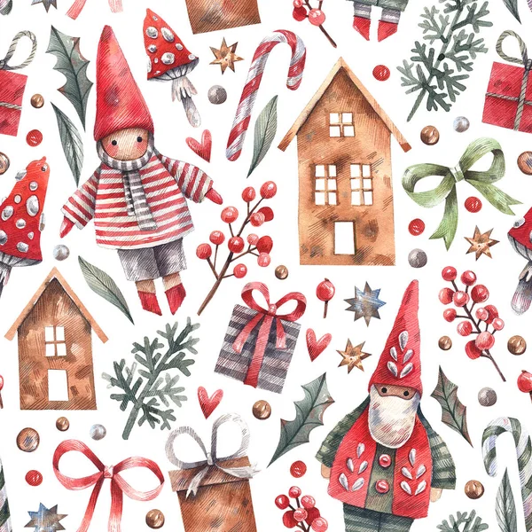 可愛いブラウニー ギフト 冬のベリー 家やキャンディーの杖を持つクリスマス 新年のシームレスなパターン サンタとエルフ モミの枝 赤いフライアガリとロリポップ水彩の背景 — ストック写真