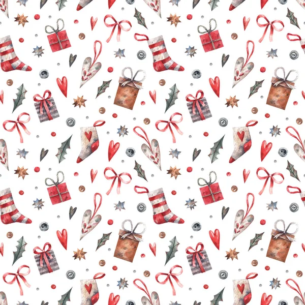 ギフトボックス 白い背景にリボンで紙を包む クリスマス 休日の要素と新年のシームレスなパターン 水彩画 — ストック写真