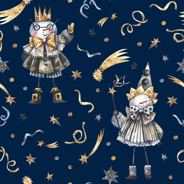 Snowmen Carnival Costumes Golden Ribbons Stars Confetti Black Background Seamless — Stock Photo, Image