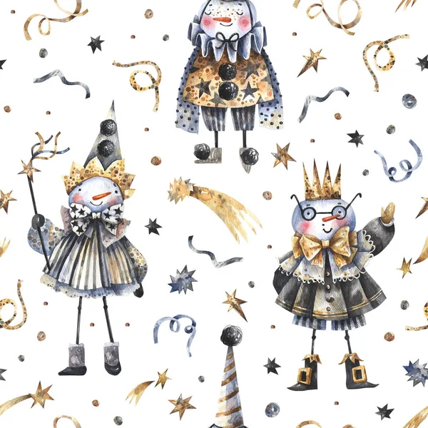 カーニバルの衣装 金のスパンコールやリボンの雪だるまとクリスマス 新年シームレスなパターン かわいい雪だるまのキャラクターと魔法の お祝いの背景 水彩イラスト ビンテージスタイル — ストック写真