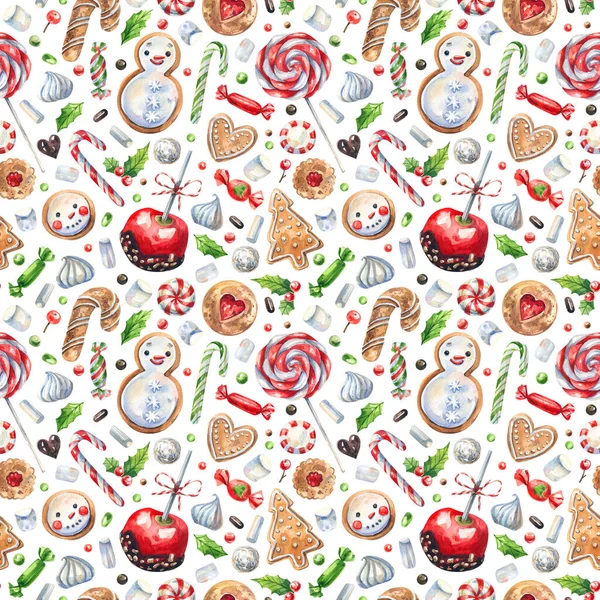 伝統的なクリスマス 新年は白い背景にシームレスな水彩パターンをお菓子 カラメルリンゴ キャンディー ジンジャーブレッド ロリポップ クッキーのお祝いの背景 — ストック写真