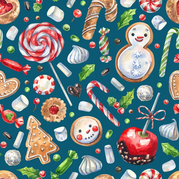 New Year Christmas Traditional Sweets Seamless Pattern Blue Background Snowman — Stock Photo, Image