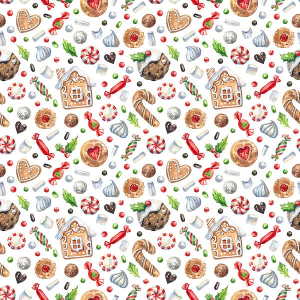 ジンジャーブレッドクッキー キャンディーキャンデー キャンディー キャラメル マシュマロなどの伝統的なクリスマス 新年のお菓子のシームレスなパターン白を背景に 水彩画 — ストック写真