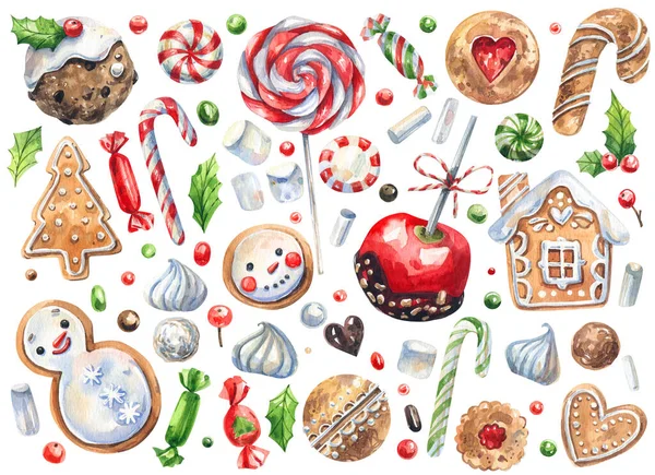 stock image Candies, cookies, gingerbread, lollipops, canes, marshmallows - a large collection of watercolor illustrations on a white background. Traditional New Year, Christmas sweets clipart set.