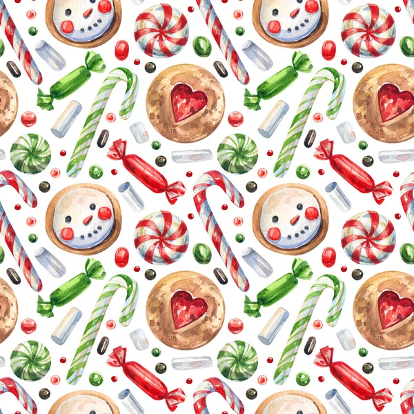 クリスマス お正月のお菓子 クッキーやキャンディーは 白い背景にシームレスなパターンを水彩 キャンディー ジンジャーブレッド マシュマロのシームレスなパターン 水彩画 — ストック写真