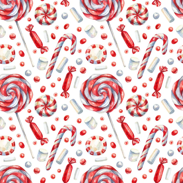 Neujahr Weihnachten Süßigkeiten Nahtlose Muster Cartoon Stil Bonbons Minzen Zuckerstangen — Stockfoto