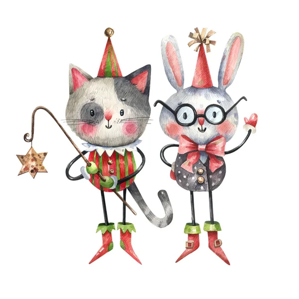 Kedi Tavşanın Yeni Yıl Kostümleri Suluboya Resimlerini Beyaz Arka Planda — Stok fotoğraf