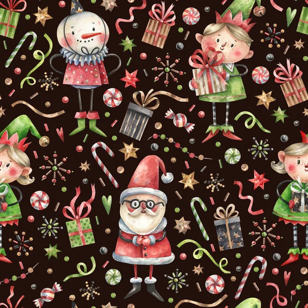 Kerstmis Nieuwjaar Naadloos Patroon Met Leuke Personages Geschenken Lolly Sneeuwvlokken — Stockfoto