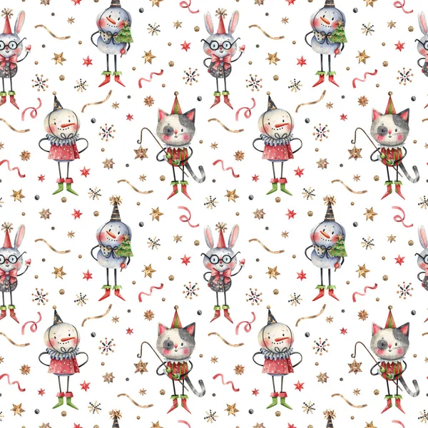 Weihnachten Neujahr Charaktere Schneemänner Katzen Hasen Aquarell Nahtlose Muster Cartoon — Stockfoto