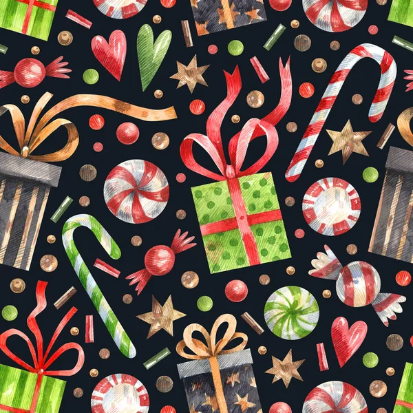 クリスマス ギフトボックス クリスマスツリー 暗い背景に漫画のスタイルで伝統的なお菓子と新年のシームレスなパターン 織物を包むための水彩 お祝いのパターン — ストック写真
