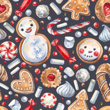 Suluboya, kusursuz desenli geleneksel Noel tatlıları çizgi film tarzında. Lolipop, şeker, zencefilli çörek, kardan adam, kurabiye festivali geçmişi. Paket kağıdı, kumaş dokusu