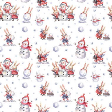 New Year, Christmas seamless pattern with cute rabbits, snowmen, snowballs and winter fun in cartoon style. Christmas background for wrapping paper, textiles, decor.
