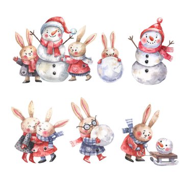 Set of cute, cartoon characters painted in watercolor. Snowmen, hares are making a snowman, hares are hugging, a hare with a snowball. Watercolor illustrations